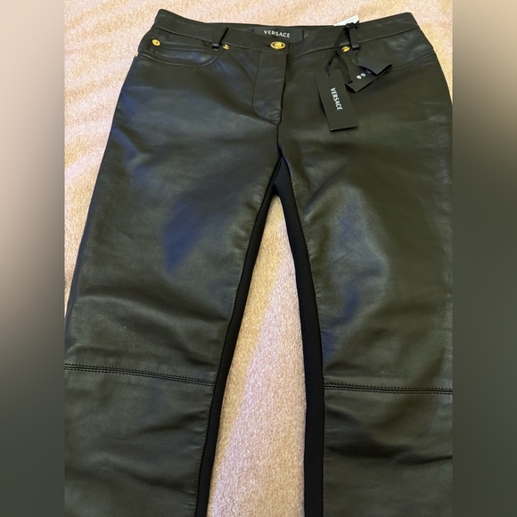 Versace Black Leather Trousers with Gold Accents - Picture 2 of 6